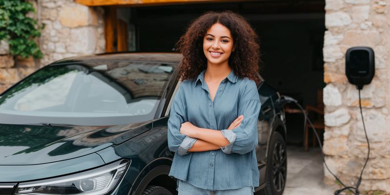 Une femme heureuse d'avoir installé une borne de recharge
