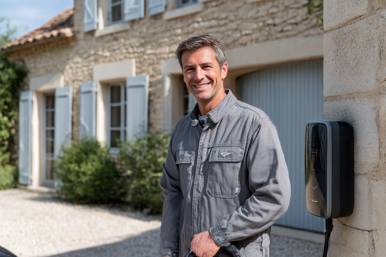 Technicien installant une wallbox dans un garage résidentiel