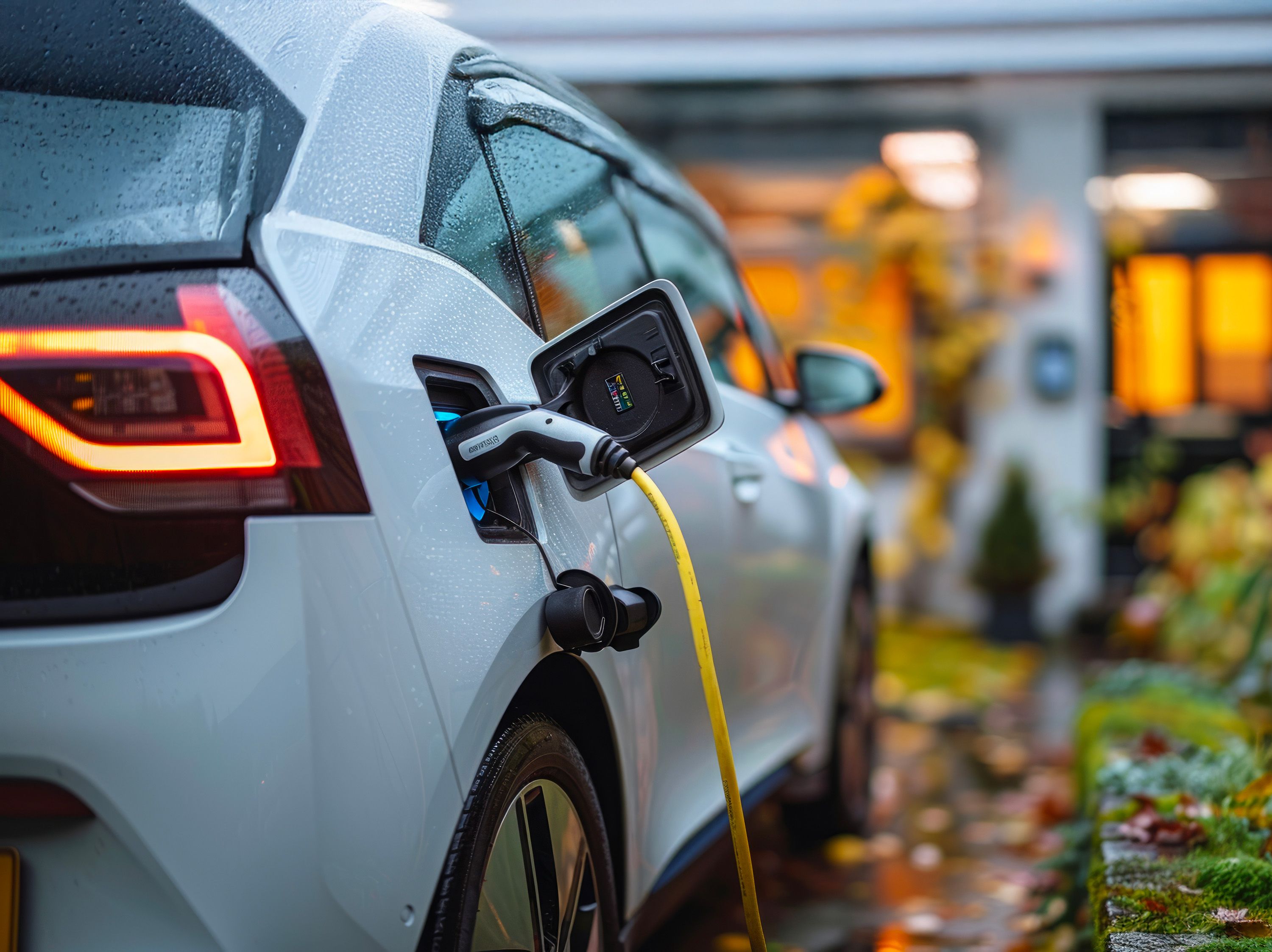 Une voiture électrique charge devant une jolie maison