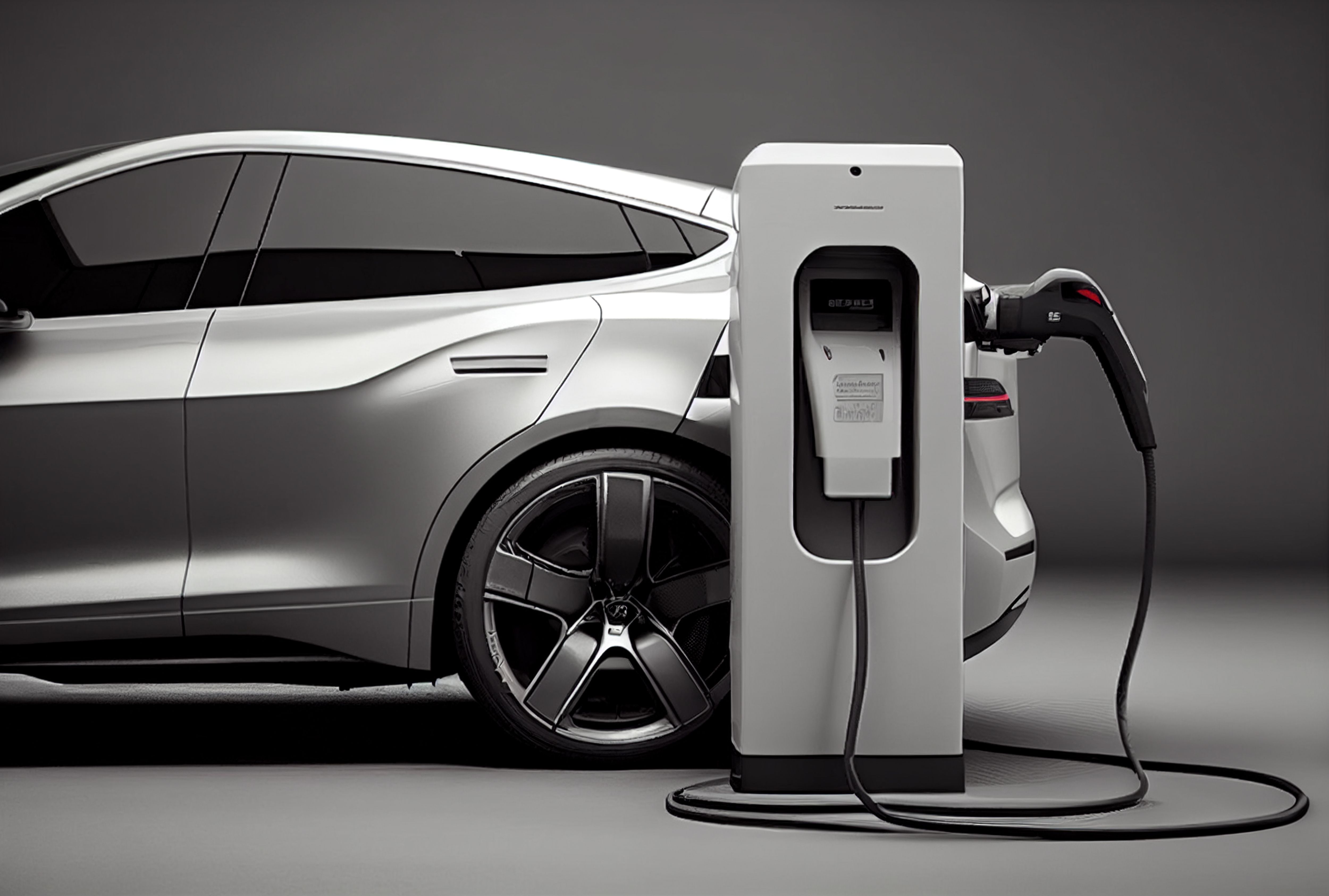 Donna che ricarica un'auto elettrica mentre controlla il suo smartphone