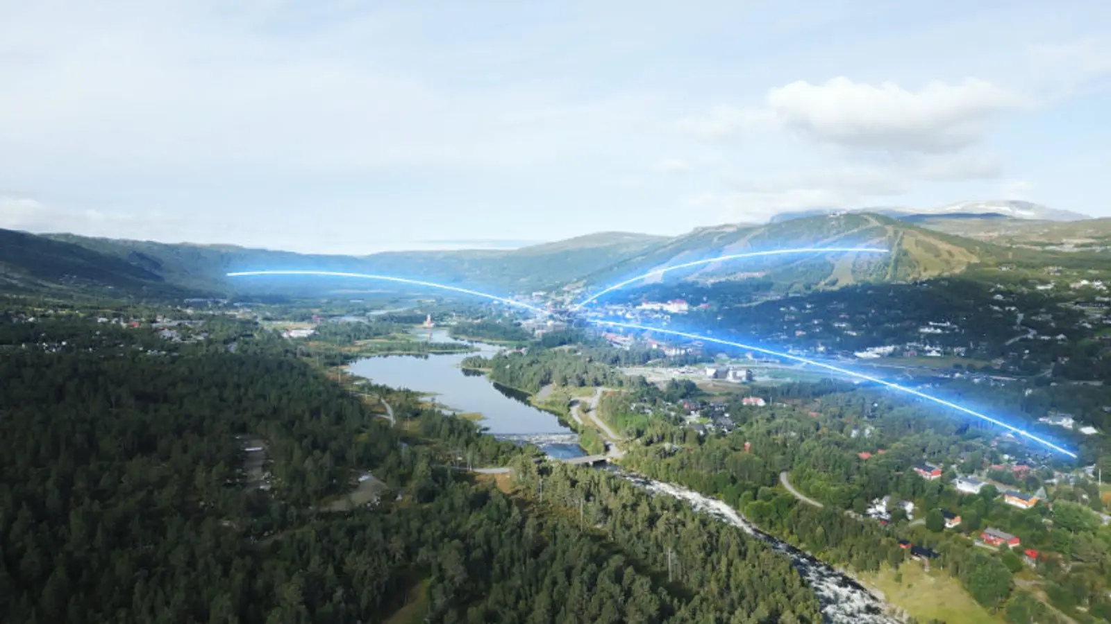 Landskapsbilde av en dal med illustrerte signaler for å symbolisere bredbåndsdekning