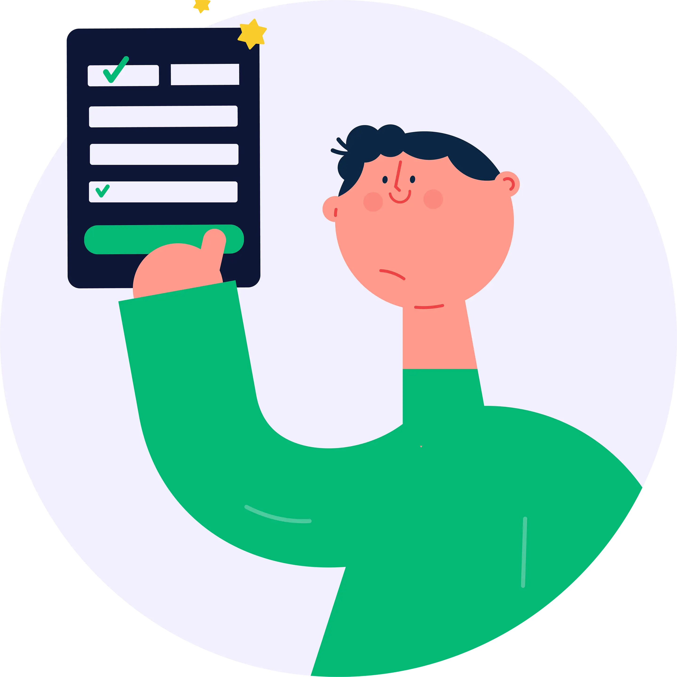 Illustrasjon av en person som peker på et utfylt skjema.