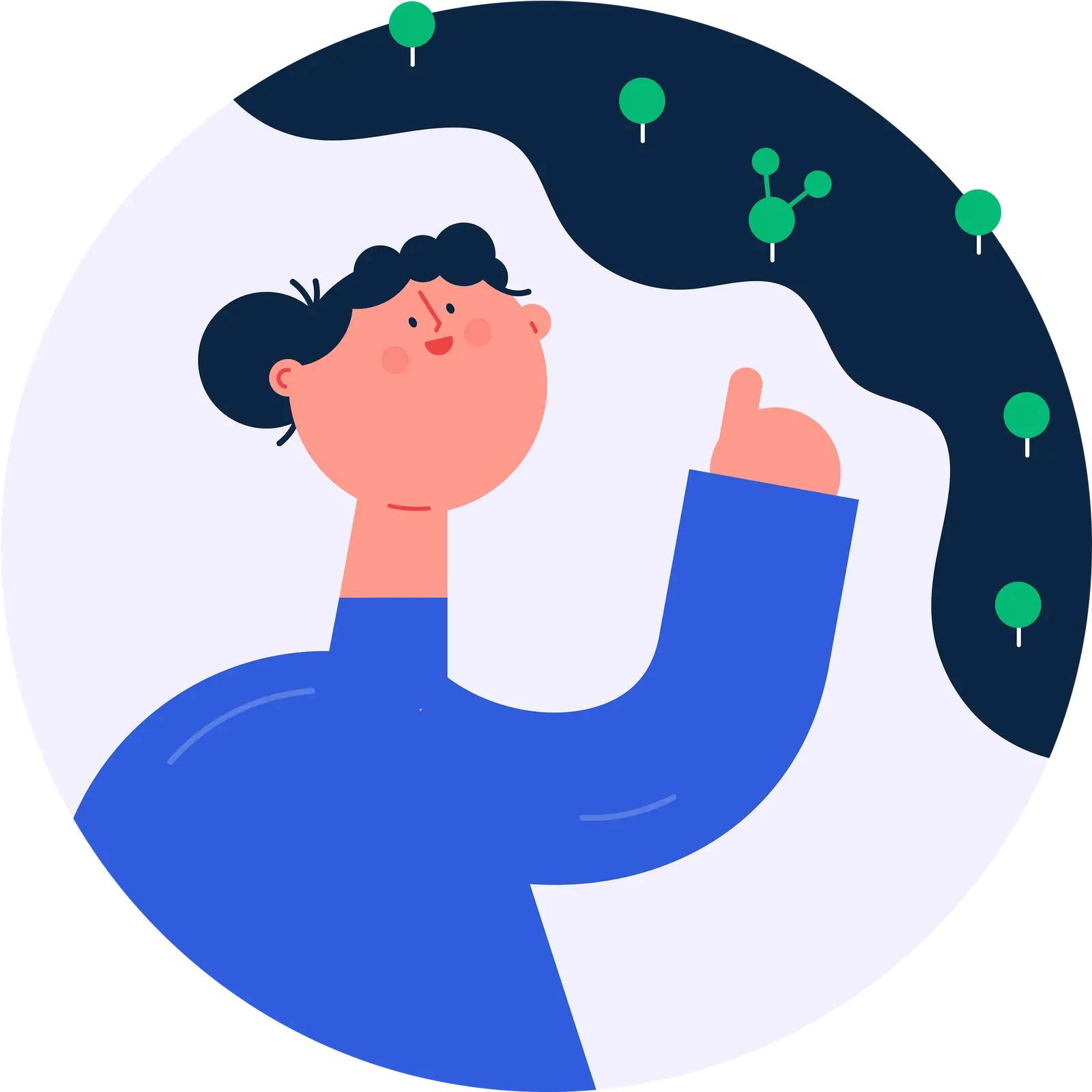 Illustrasjon av en person som peker på hvilke områder hen vil dekke som en del av tjenesten på Bredbånd.no