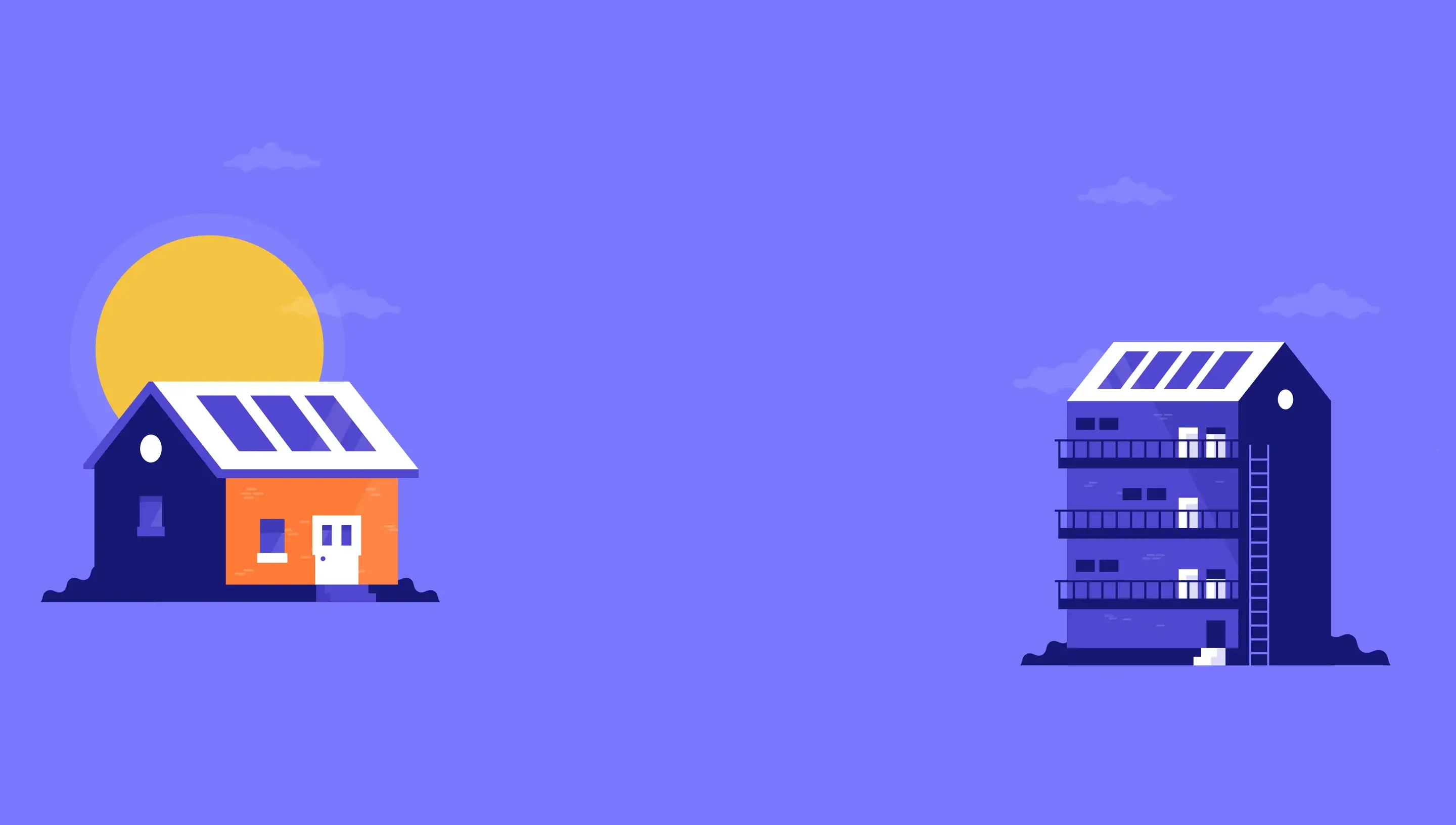 Animated houses with solar panels on the roof