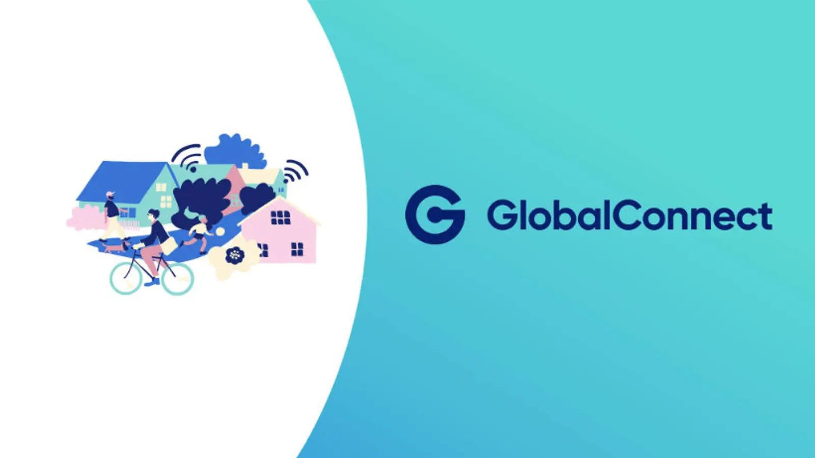 Illustrasjon av et hus som mottar signal med Global Connect skrevet i tekst ved siden av