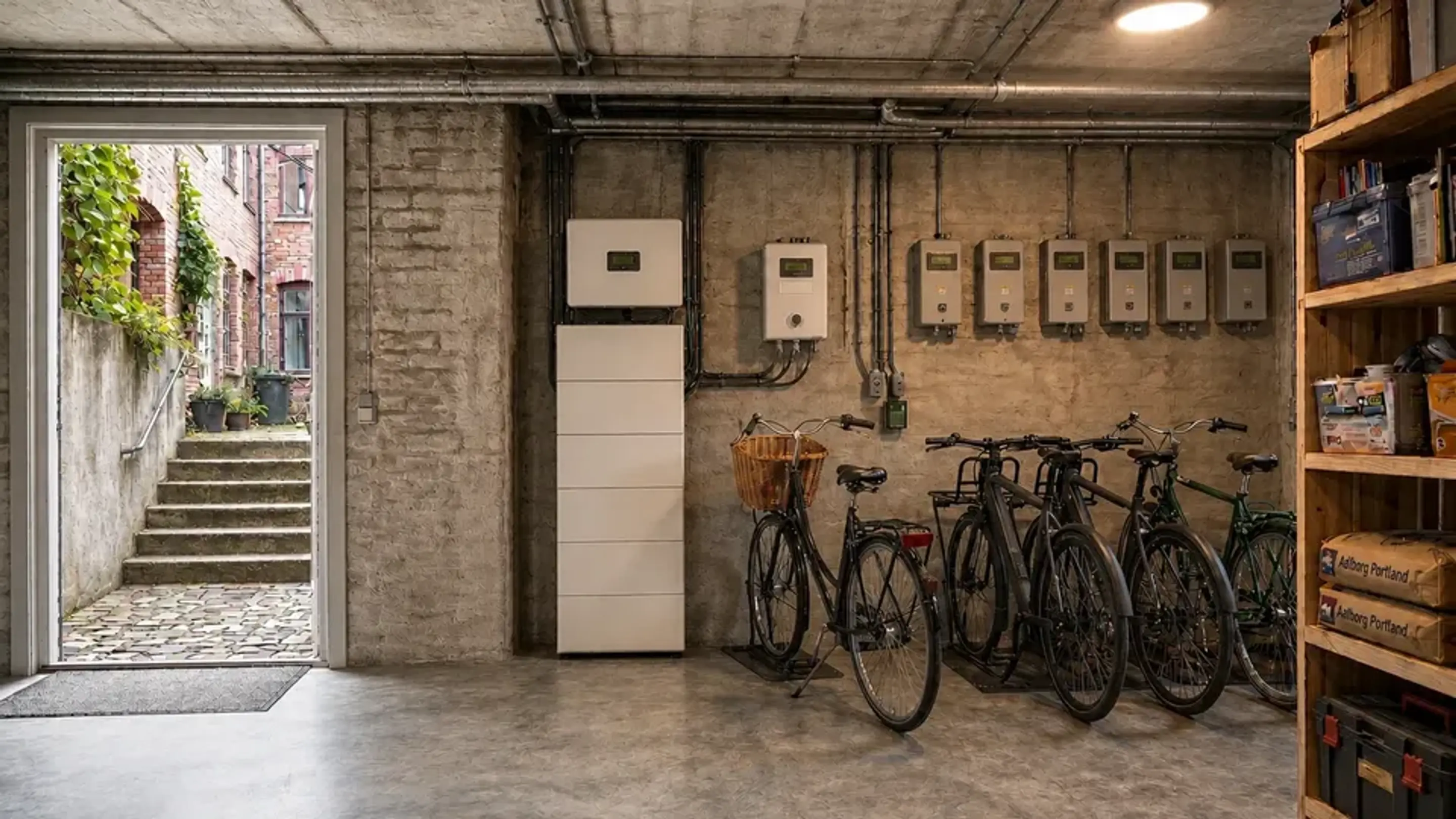 Typisk dansk kælder i boligforening med et hjemmebatteri og cykler