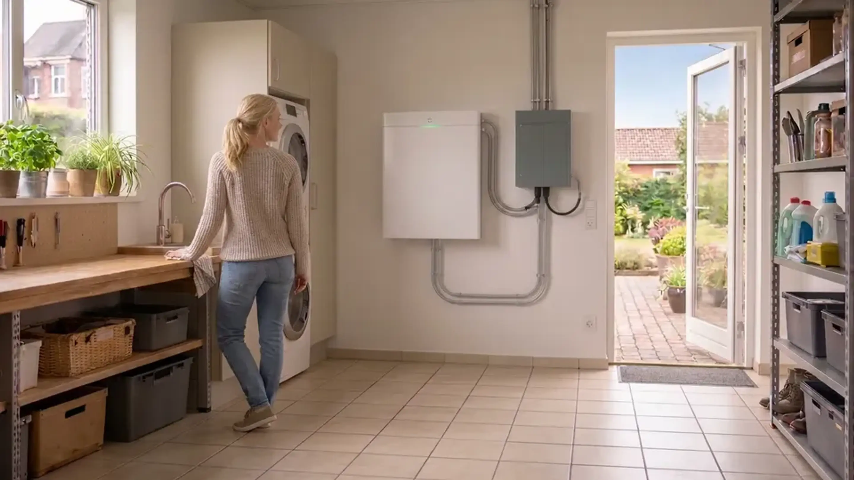 Kvinde i bryggers kigger på hjemmebatteri, der hænger på væggen