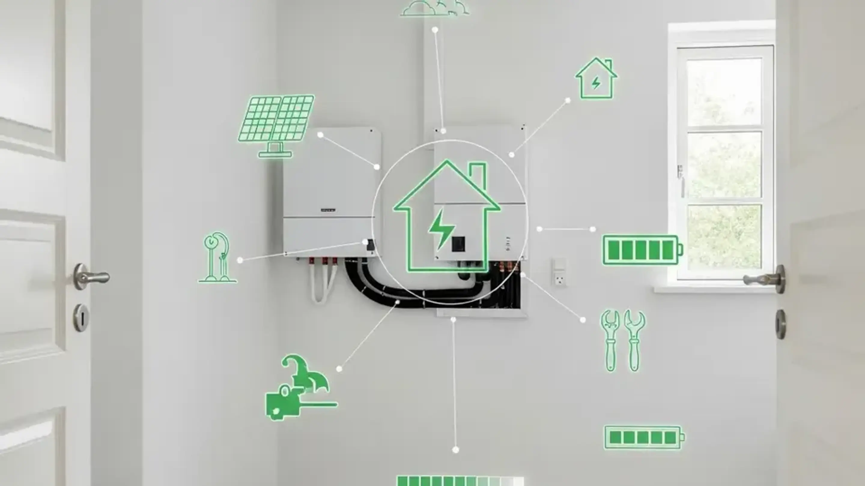 Et solcellebatteri og inverter hænger i en dansk bagggang med grafiske illustrationer af forbrug