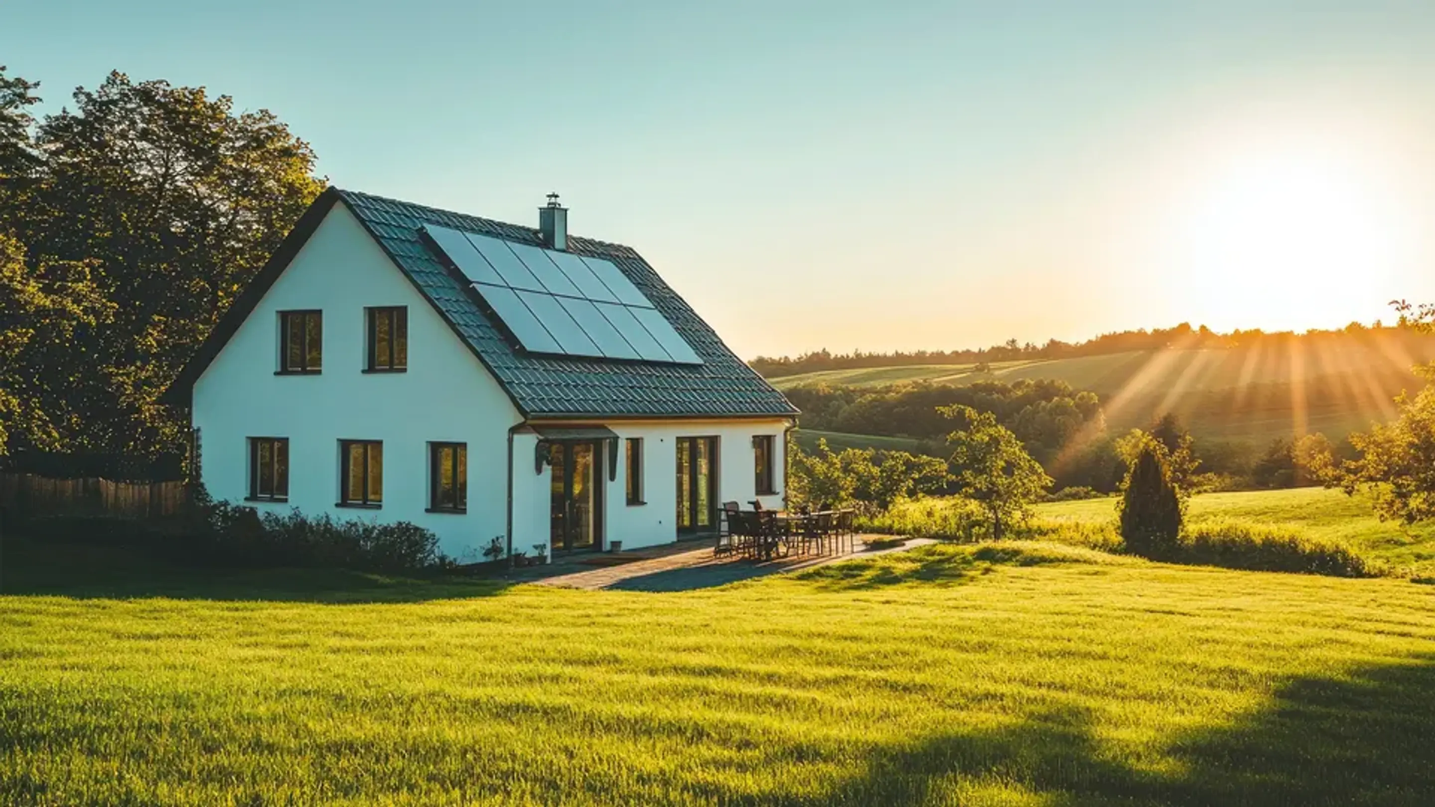 Idyllisk hus på landet med solceller på taget og flot natur i baggrunden
