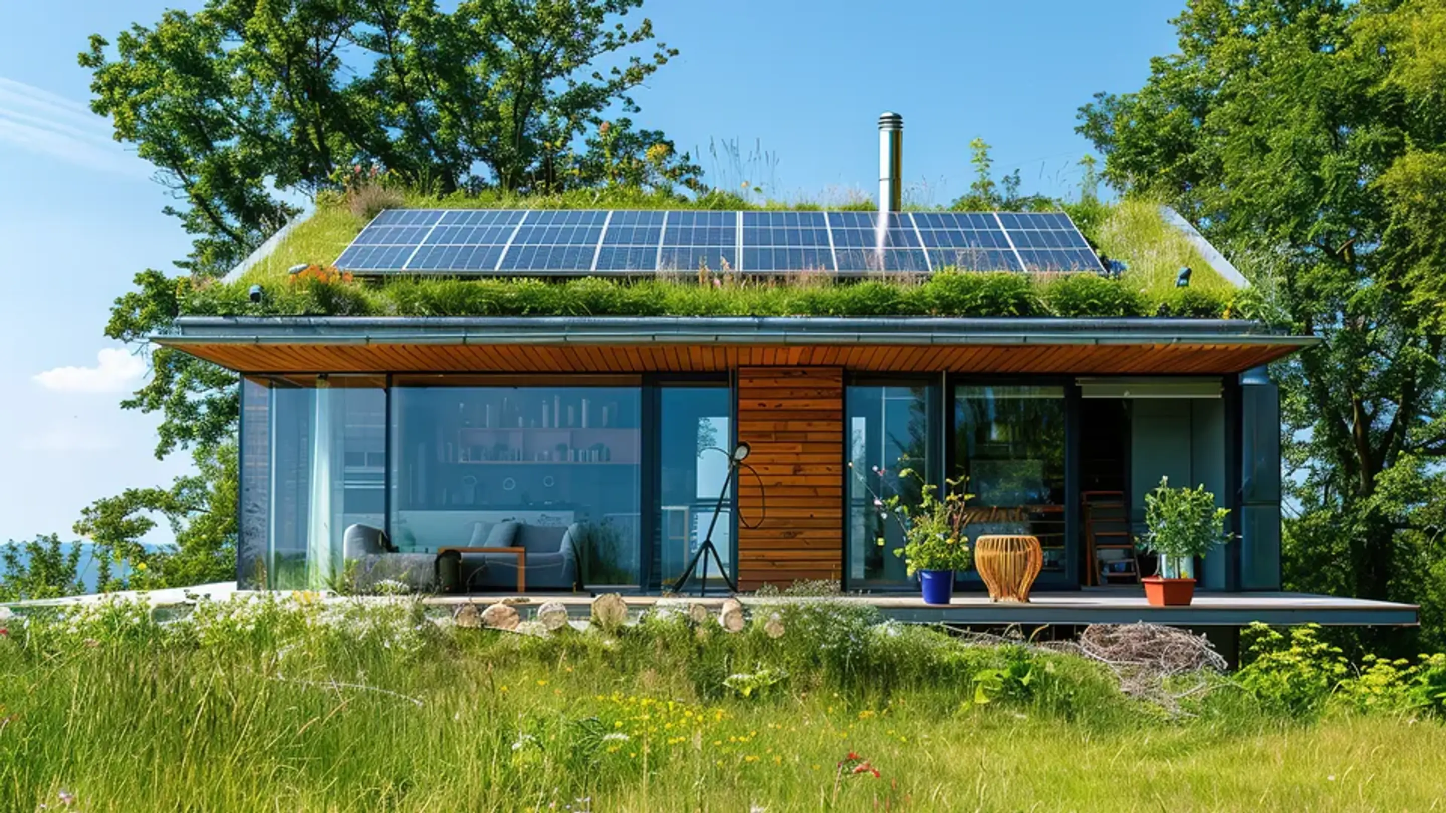 Moderne dansk sommerhus med solceller på taget