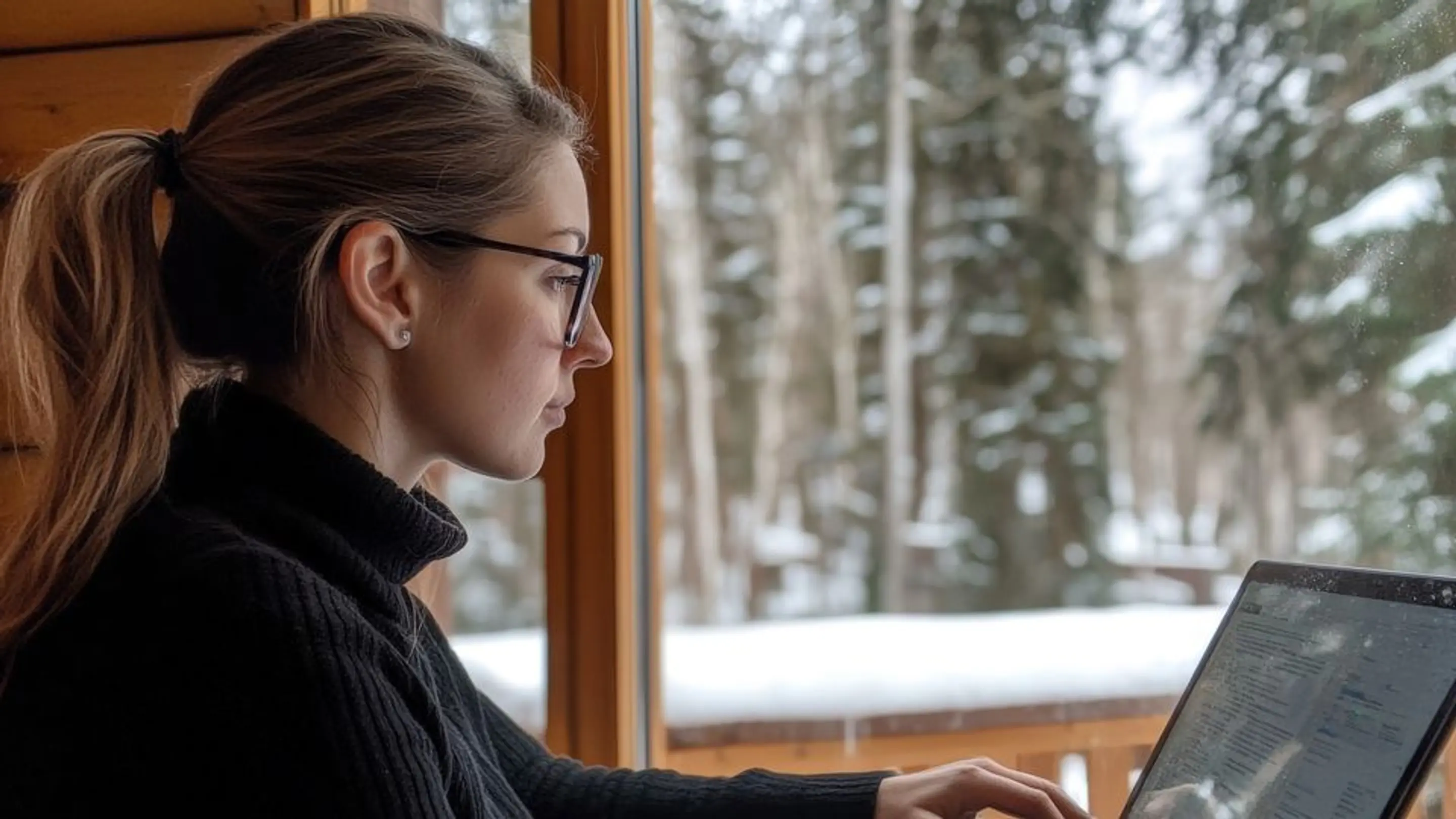 En kvinne som jobber på en laptop på hytta, med snø i bakgrunnen gjennom vinduet.