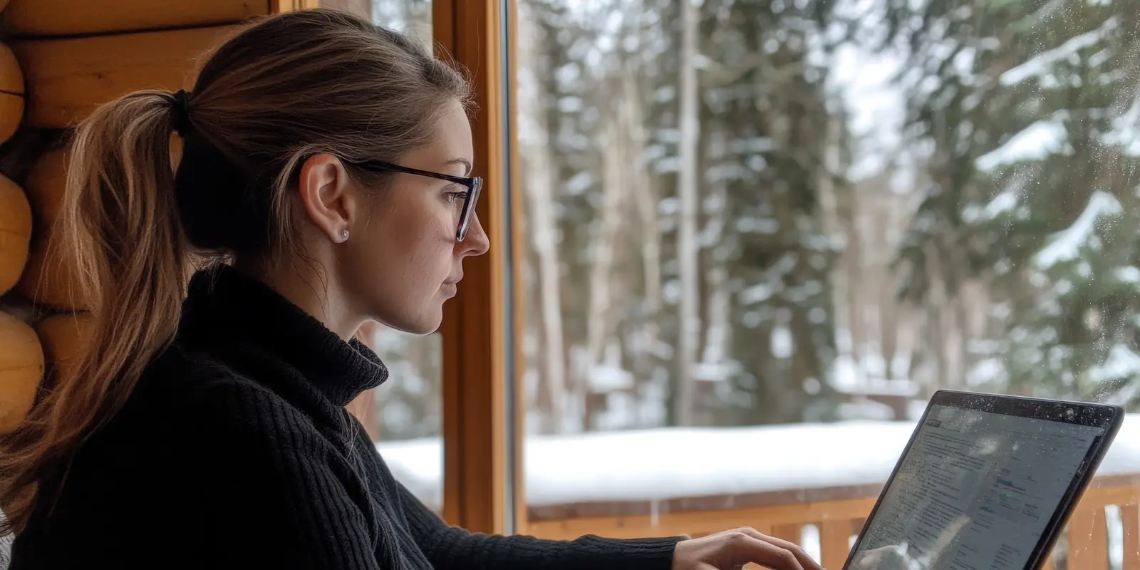 En kvinne som jobber på en laptop på hytta, med snø i bakgrunnen gjennom vinduet.