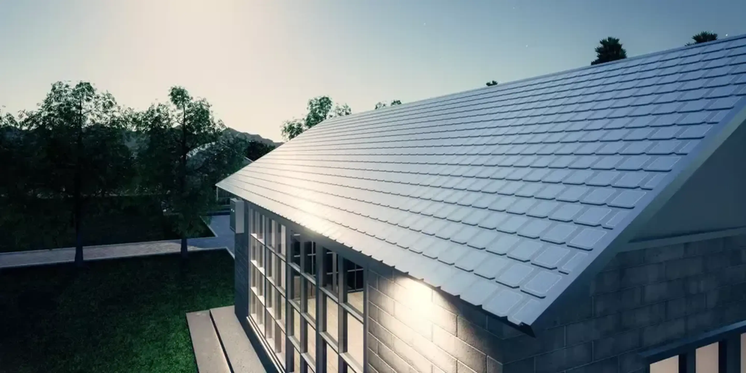 Ett hus med små integrerade solceller som takmaterial.