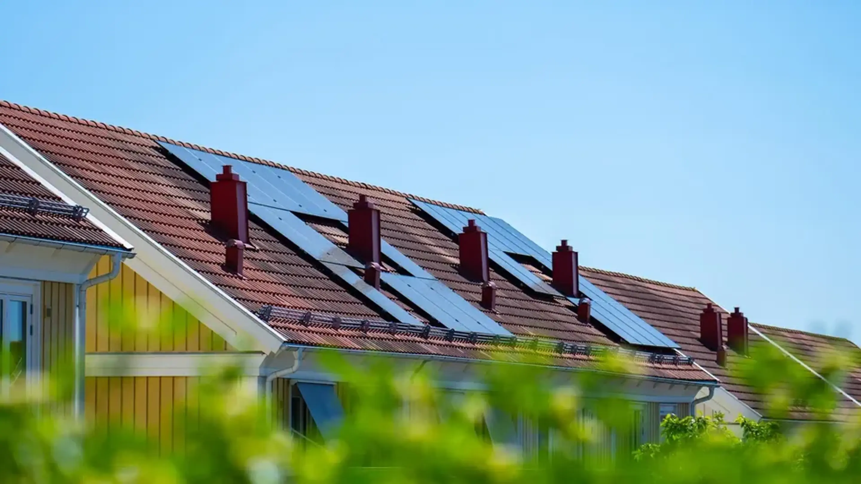 Solens strålar träffar solpanelerna på ett villatak, med somrig grönska i förgrunden.