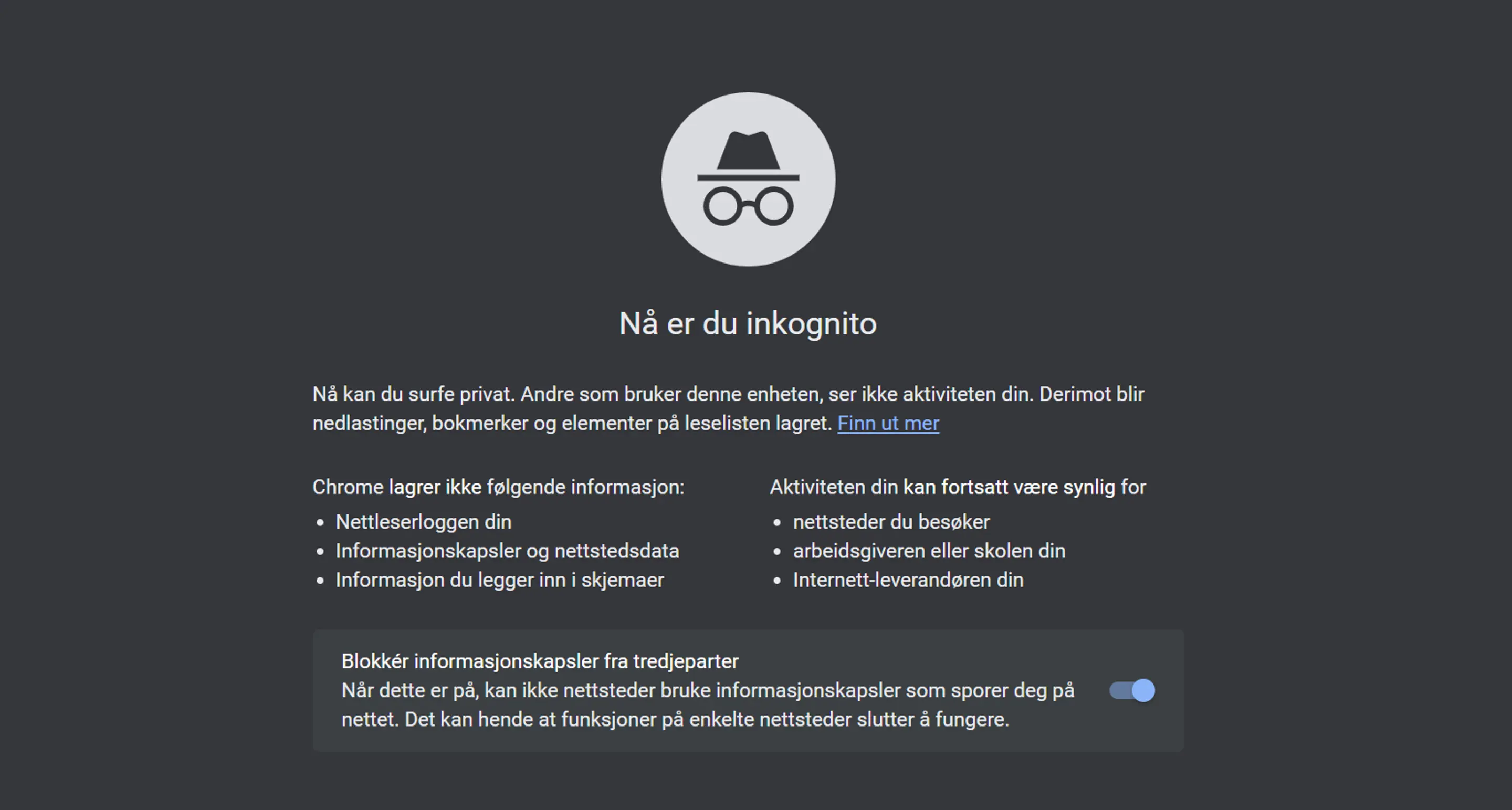 Skjermbilde av aktivert inkognitomodus i Google Chrome