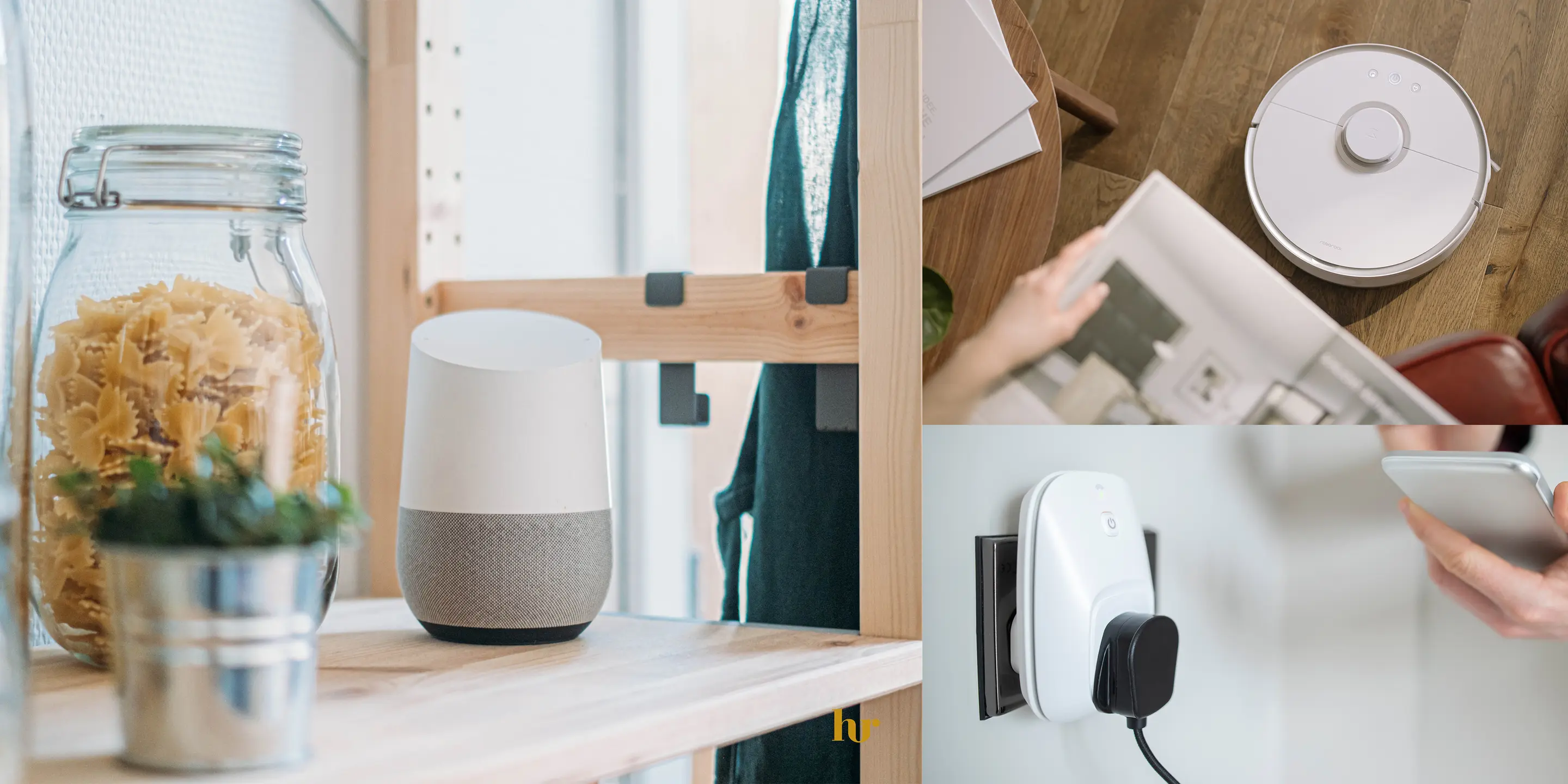 En bildecollage av en smarthøytaler, en smartplug og en robotstøvsuger