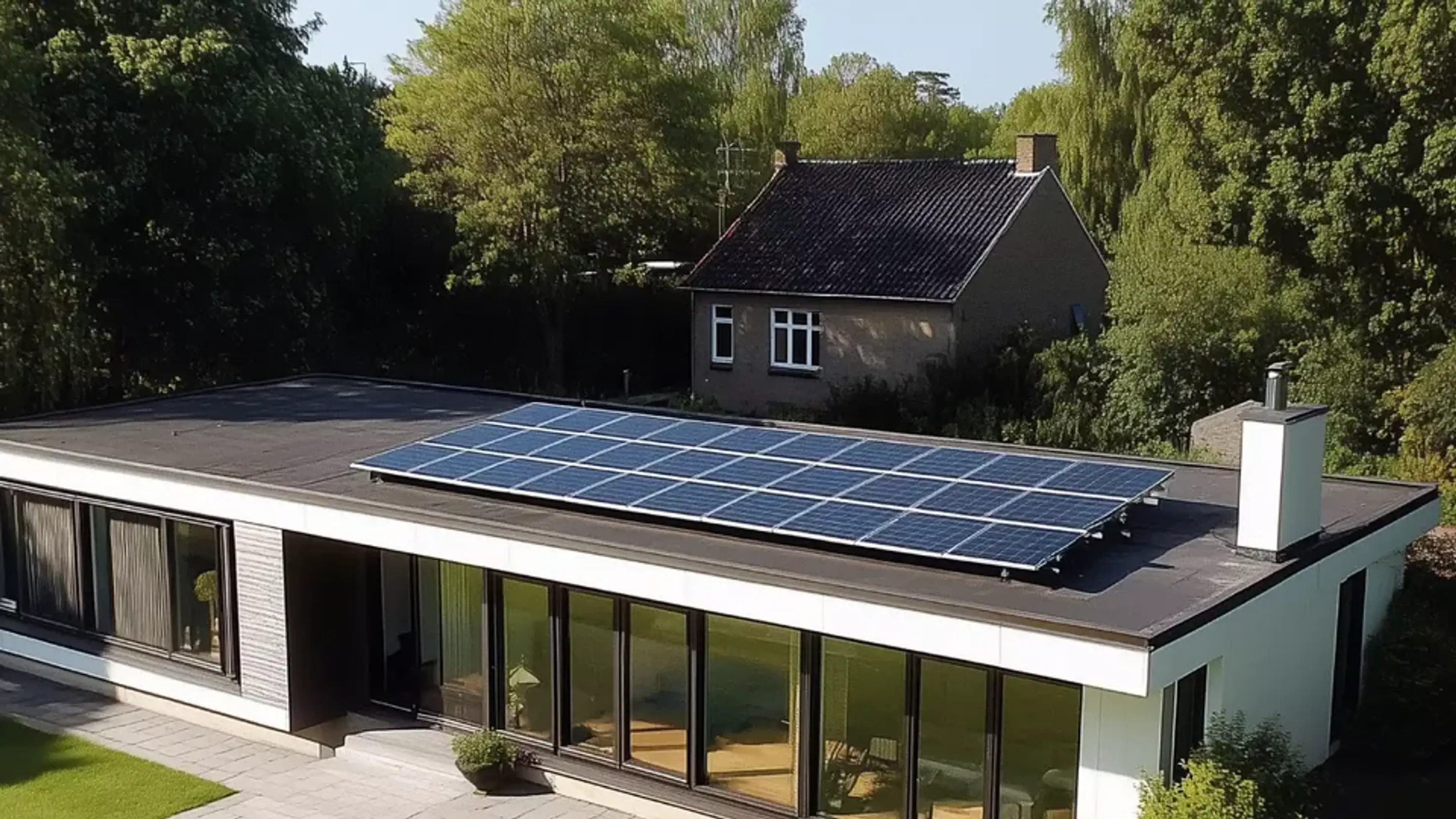 Solceller installeret på et dansk hus med fladt tag