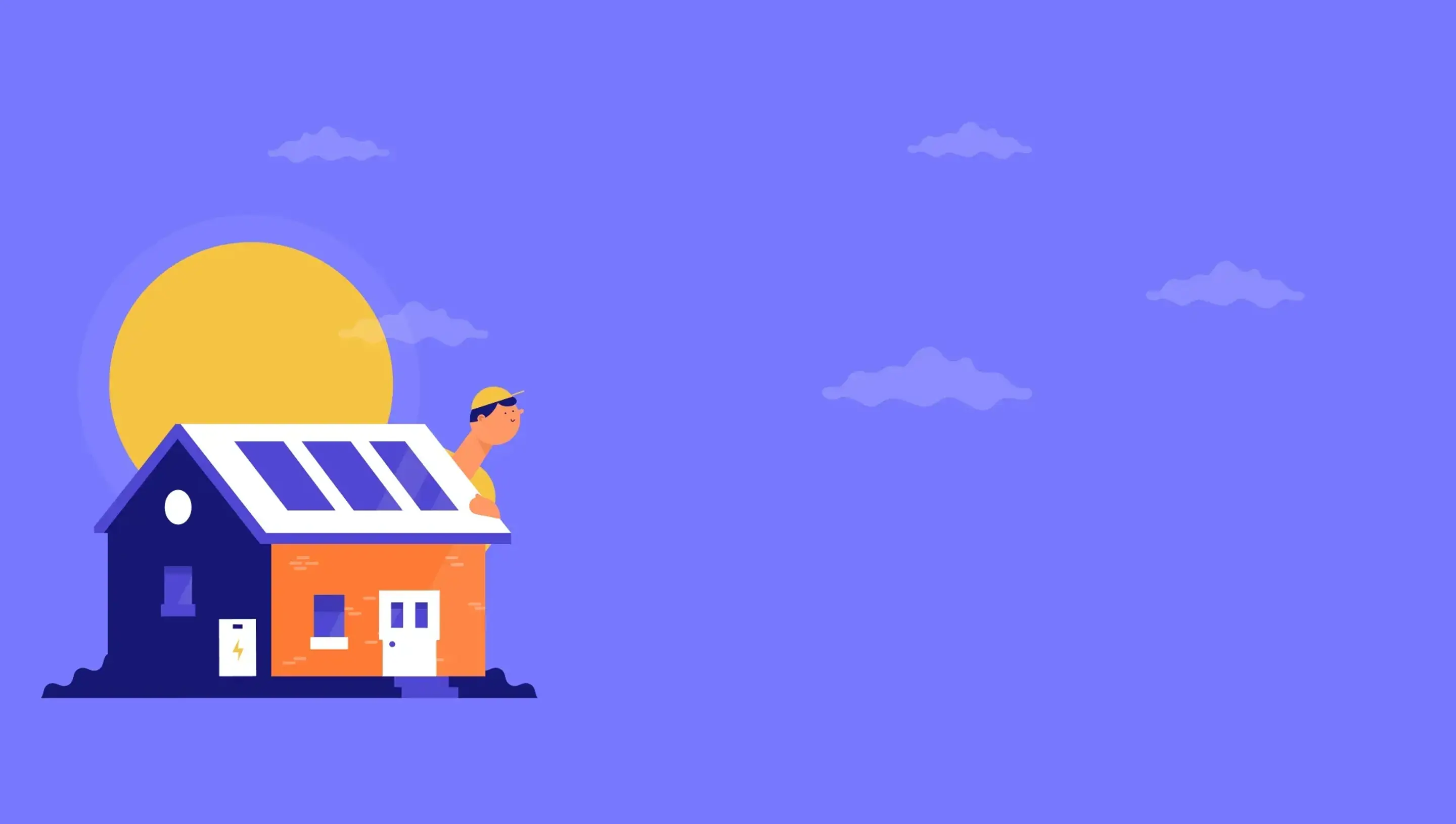 Illustration of a house with solar panels on the roof, a person working on the roof, and a large sun in the background against a blue sky with clouds.