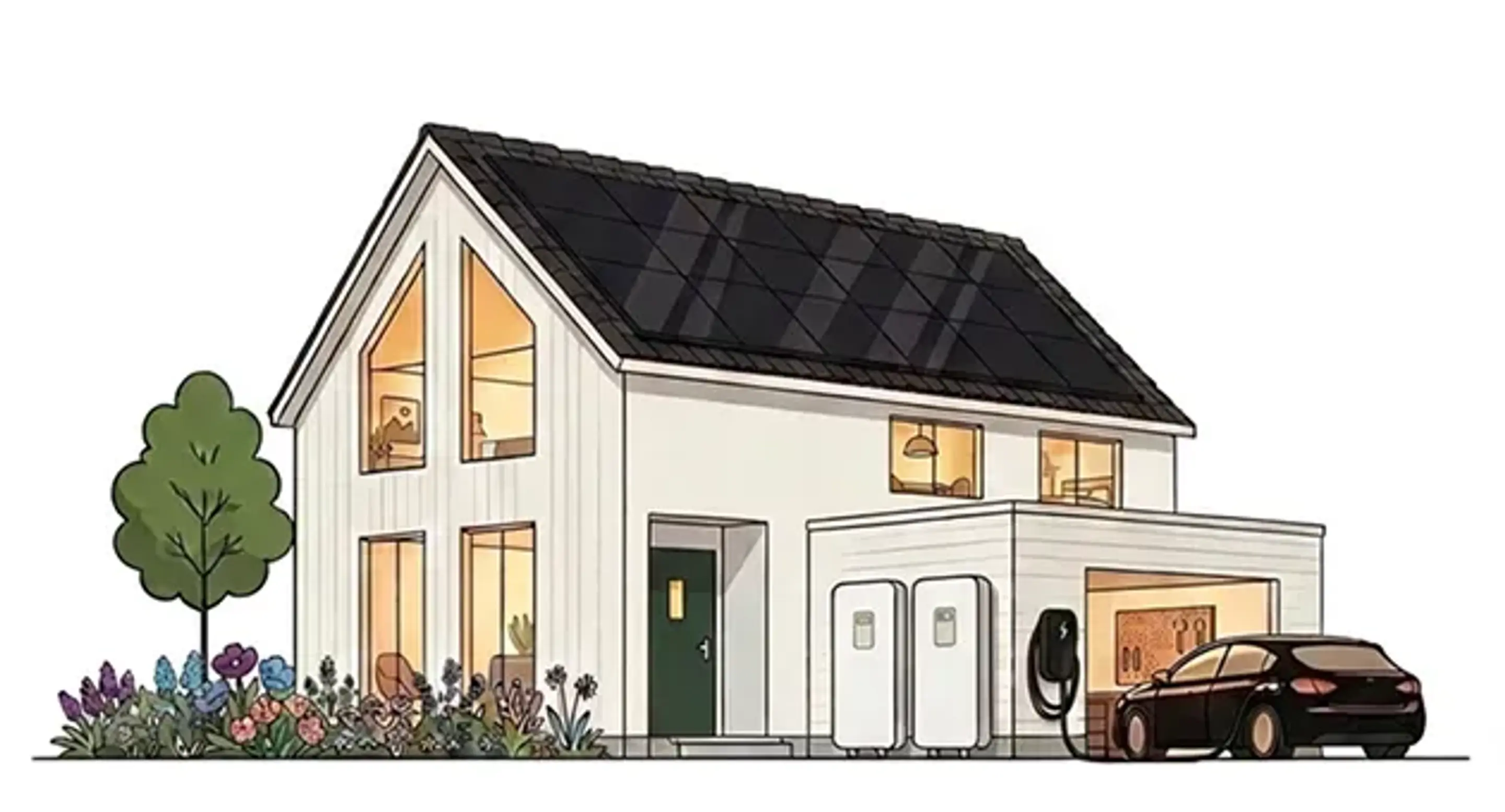 Modernt vitt hus med svart tak och ansluten garage med laddstation för elfordon.