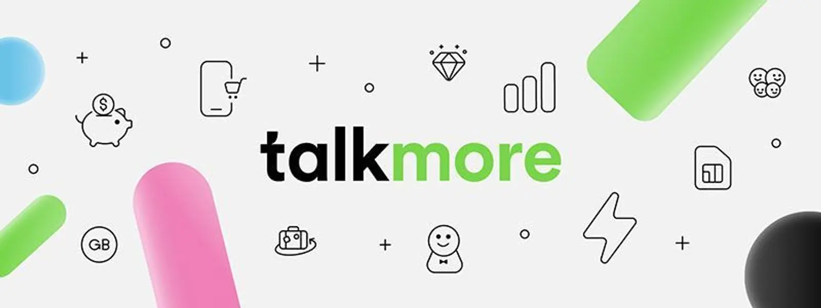 Illustrasjon med Talkmore logoen i midten omringet av ikoner for mobildekning o.l..