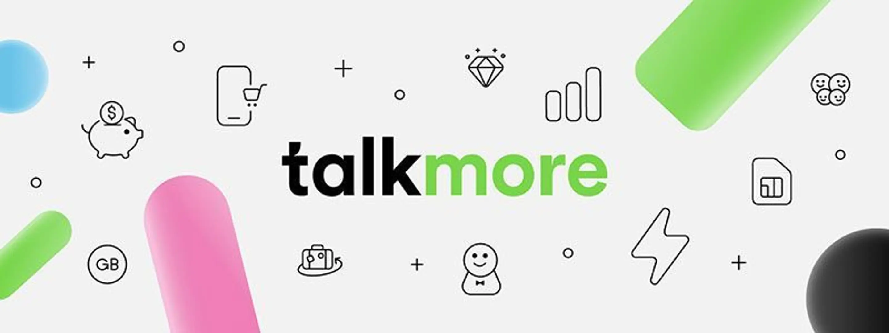 Illustrasjon med Talkmore logoen i midten omringet av ikoner for mobildekning o.l..