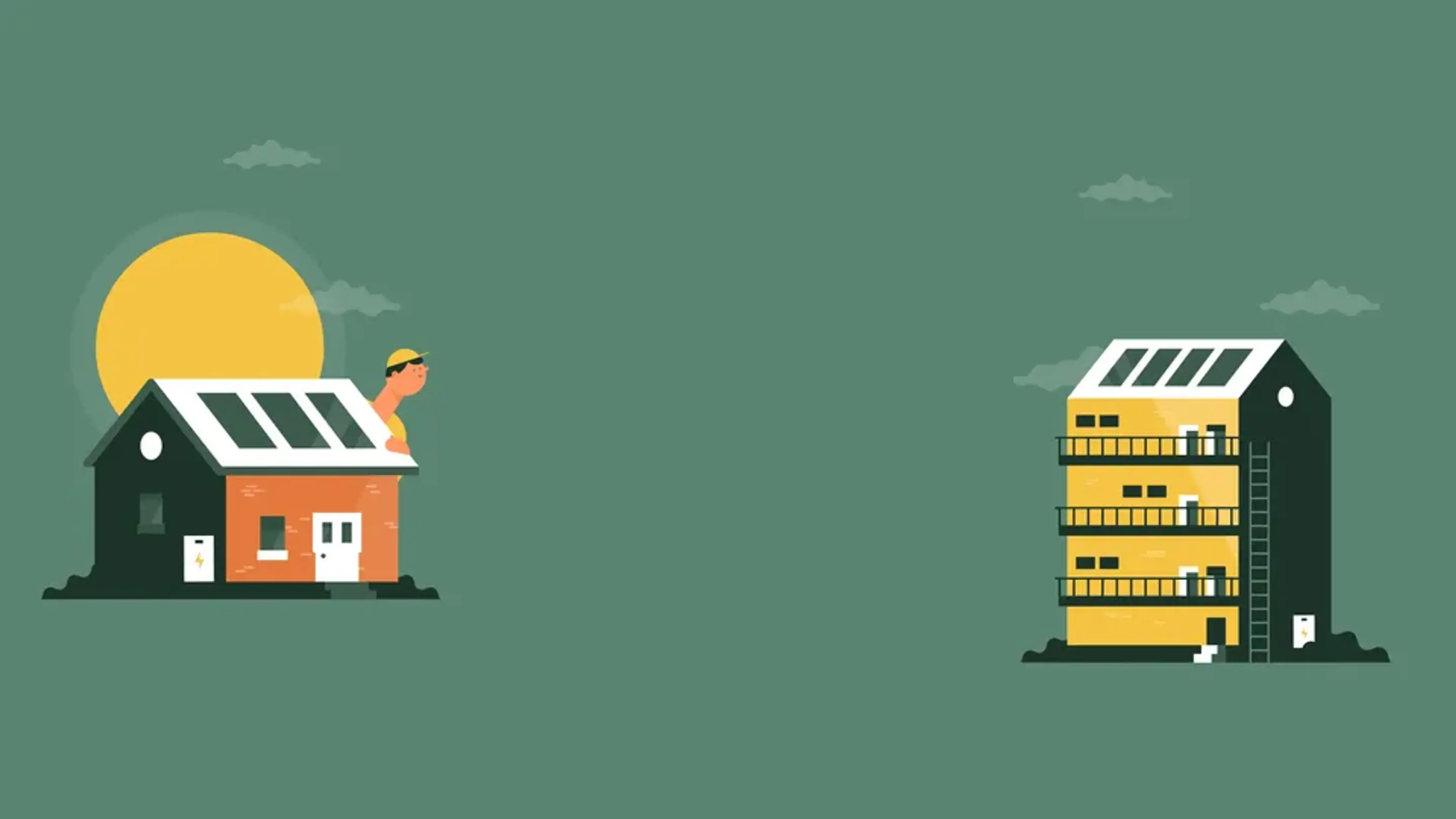 Illustration av två hus med batterier och en leverantör som söker fler installationsjobb.
