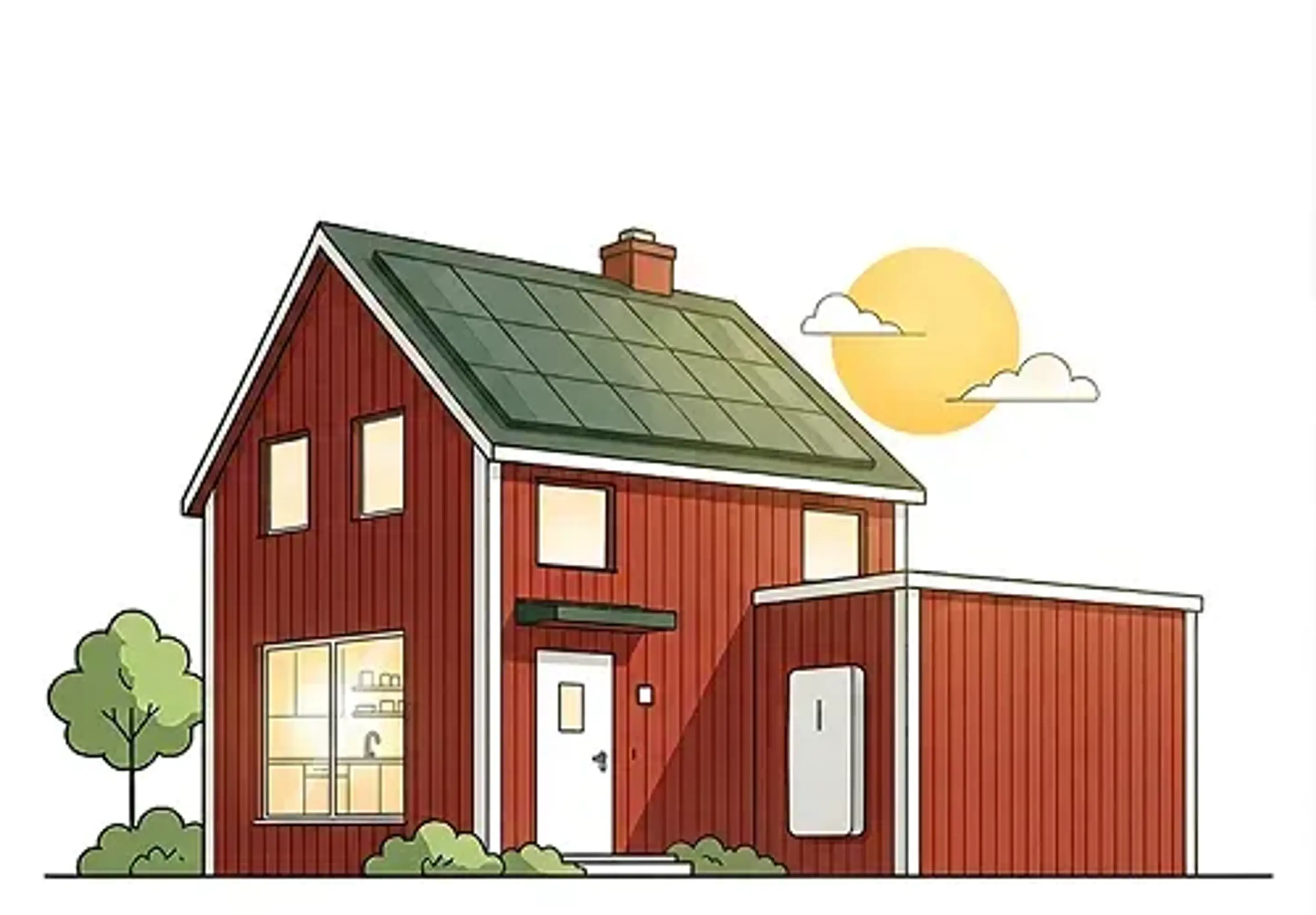 Rött hus med solpaneler på taket.