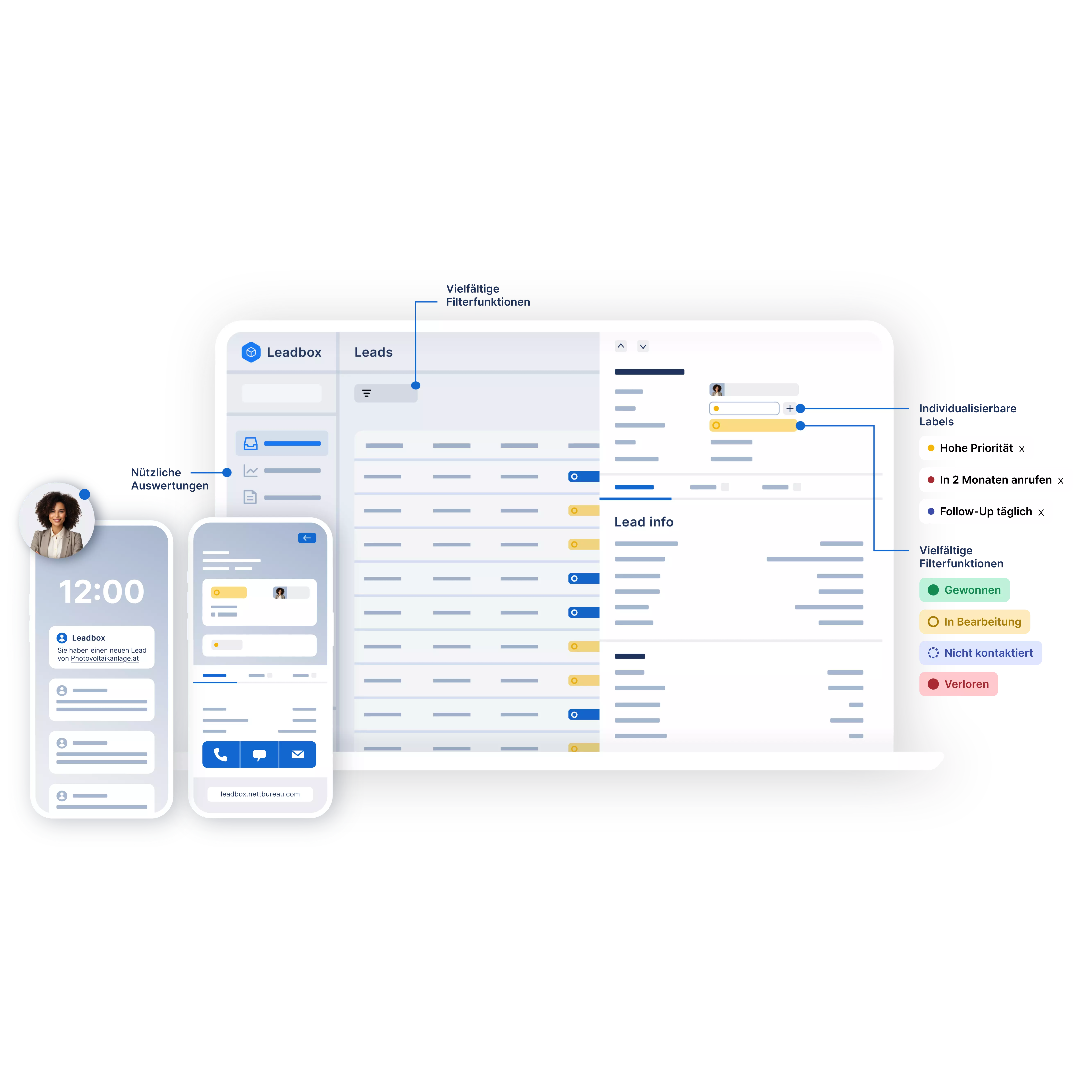 Eine konzeptionelle Darstellung des CRMs Leadbox mit Laptop und Smartphone Mock up.