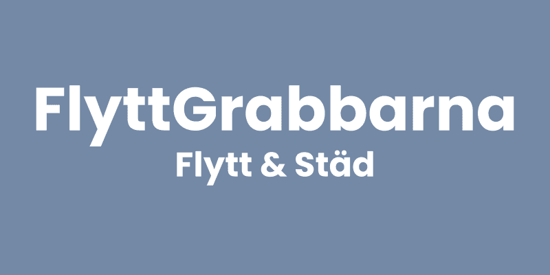 Blå-vit logotyp för flyttfirman Flyttgrabbarna.
