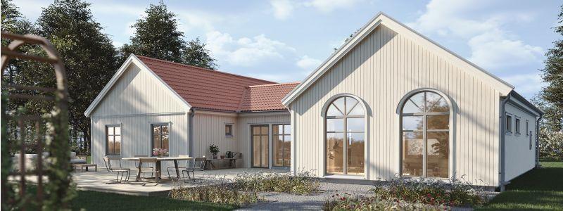 Ett nybyggt hus från Myresjöhus med atrium i mitten.