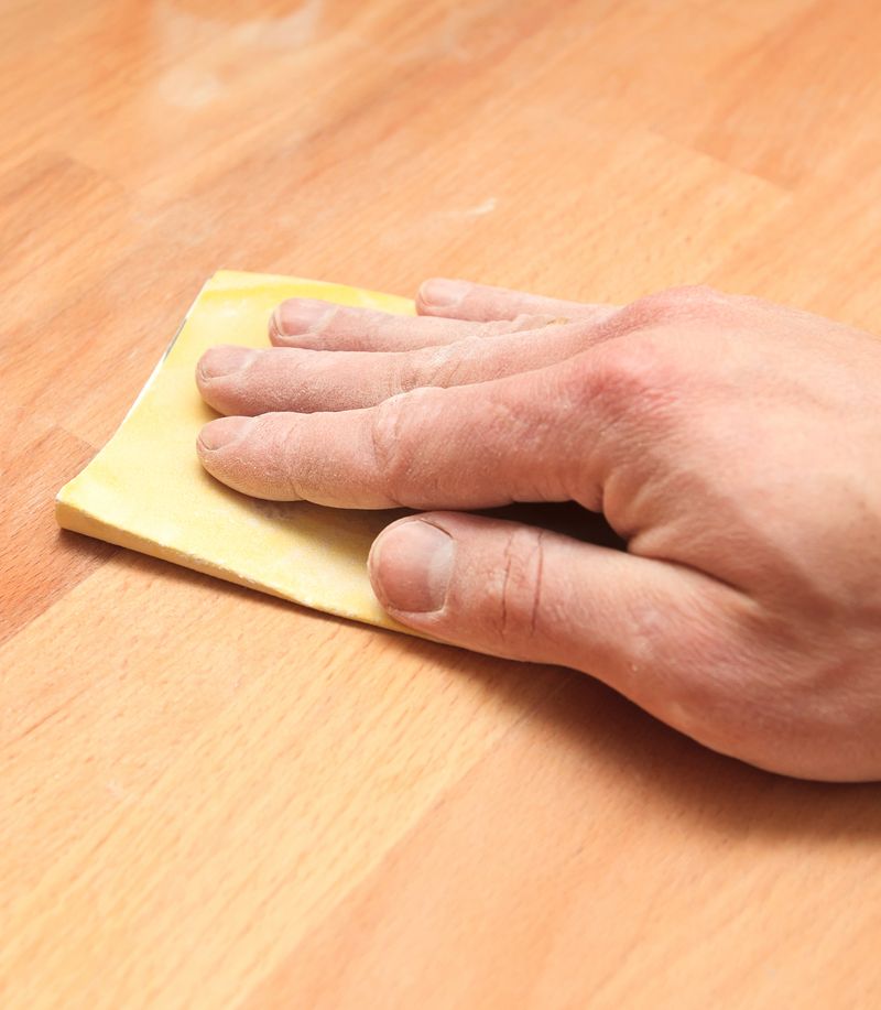 Bilde av en hånd som pusser en treflate med sandpapir