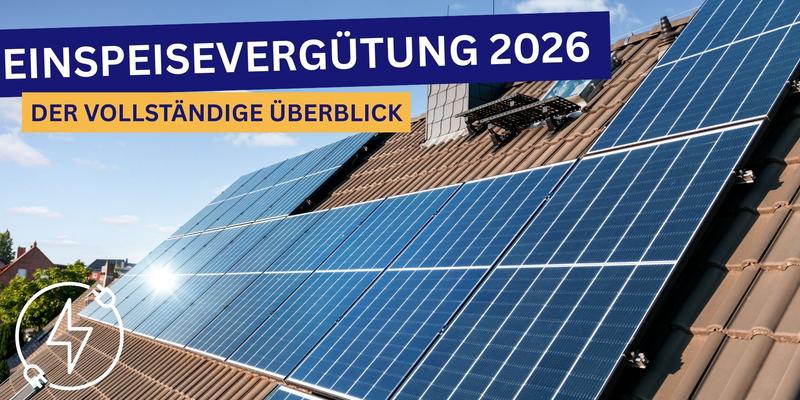 Photovoltaikanlage auf einem Hausdach bei Sonnenschein mit Textbanner ‚Einspeisevergütung 2025 – Der vollständige Überblick‘.