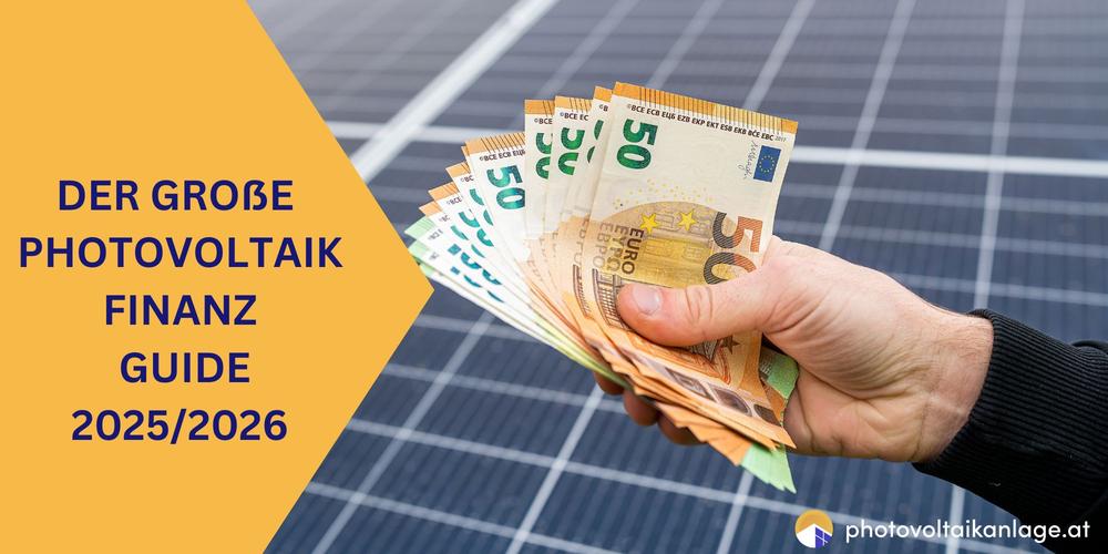Mann hält Geldscheine vor einer Photovoltaikanlage – Symbolbild für den großen Photovoltaik-Finanz-Guide 2025/2026 auf photovoltaikanlage.at