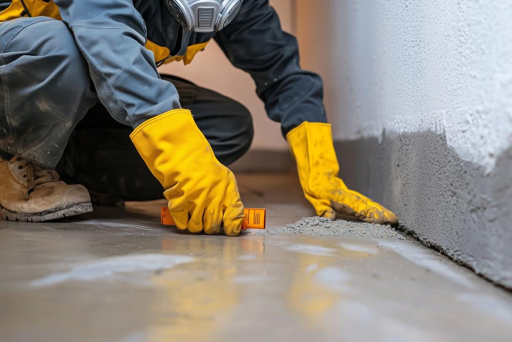 Bilde av en håndverker som fikser sprekker i en kjeller som kan ha vært en kilde til spredning av radon