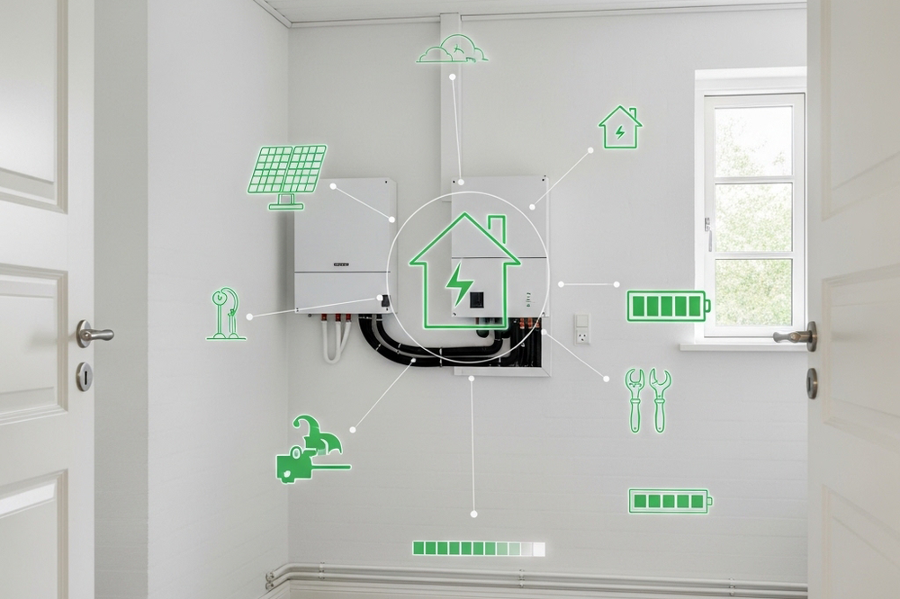 Flere faktorer påvirker, hvad din samlede pris på et solcellebatteri er- Et solcellebatteri og inverter hænger i en dansk bagggang med grafiske illustrationer af forbrug.