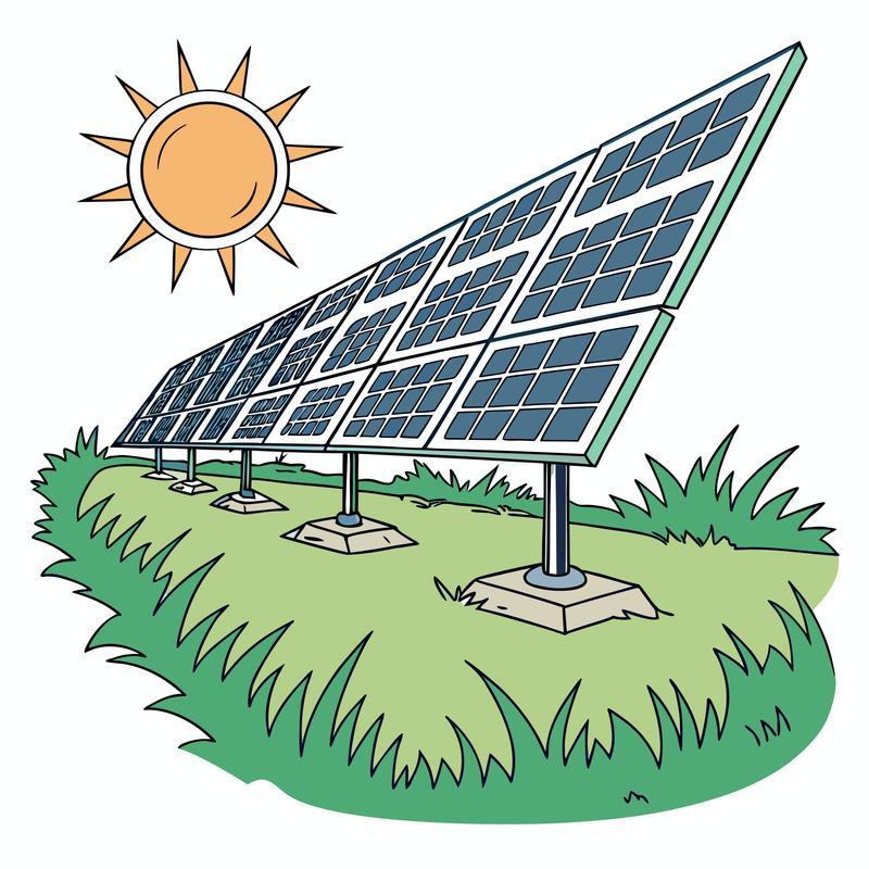Tecknad bild av markmonterade solceller under en lysande sol.