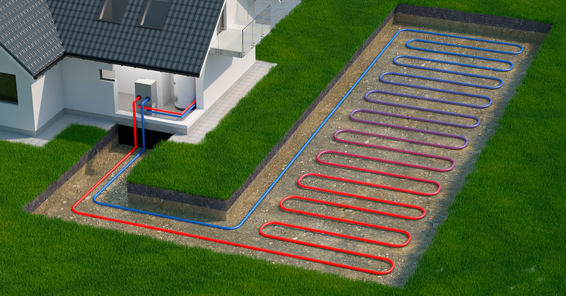 Illustration af et jordvarmeanlæg i brug