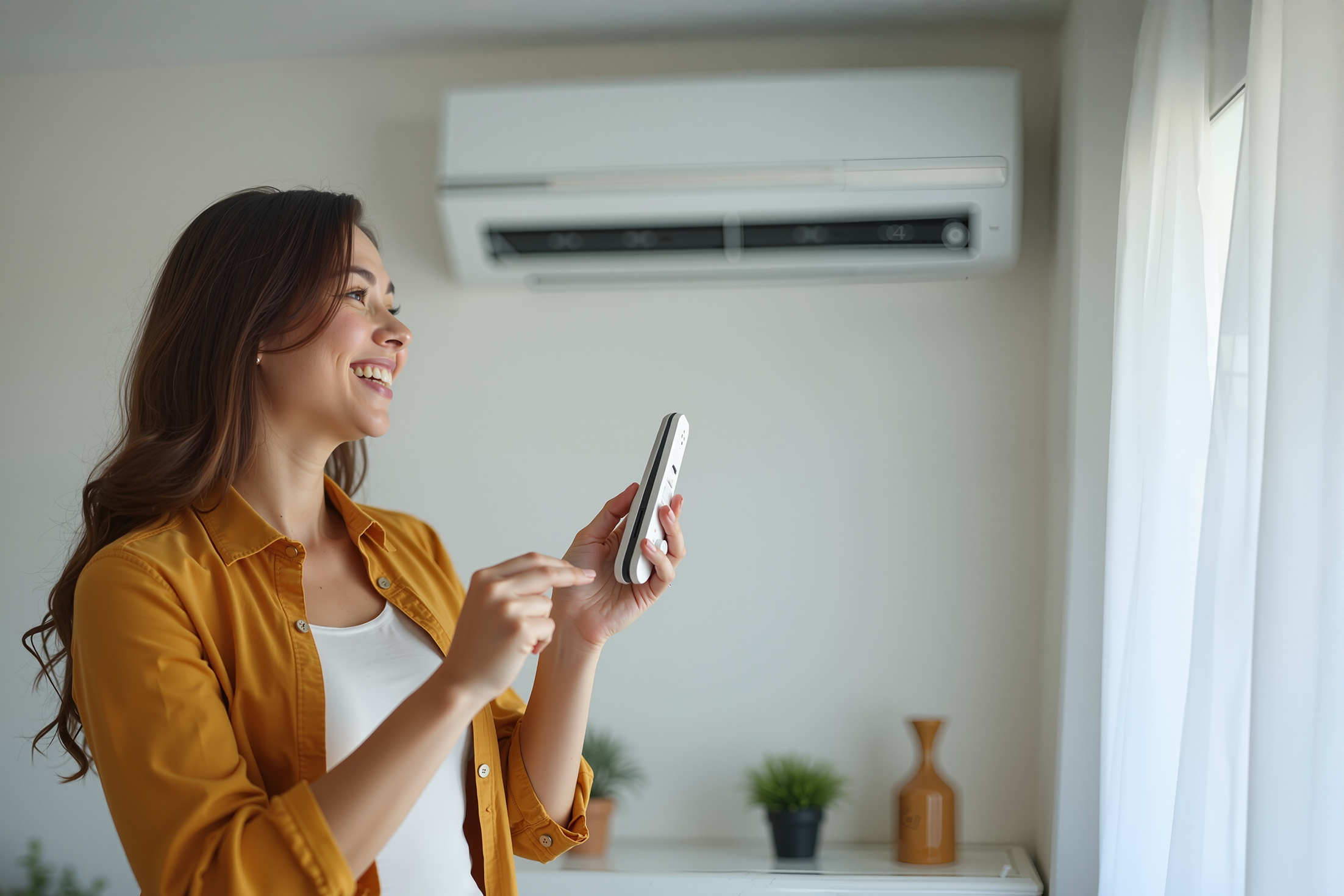 kvinde justerer styrken på sin luft-luft-varmepumpe