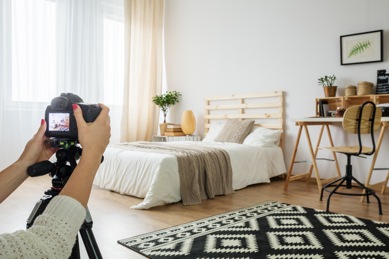 Fotograf tar ett foto av ett stylat sovrum.