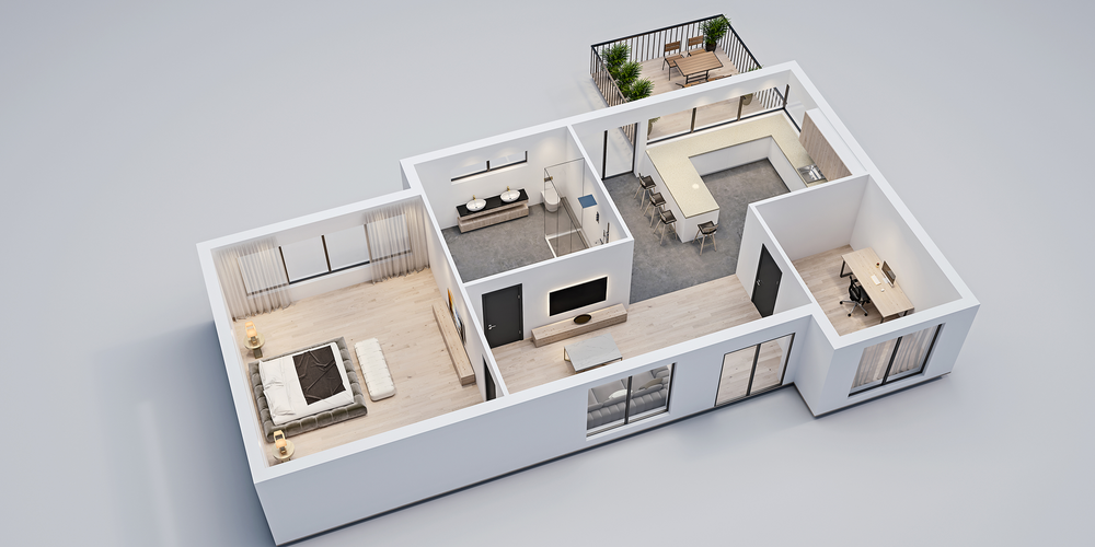 En planritning över en lägenhet i 3D.