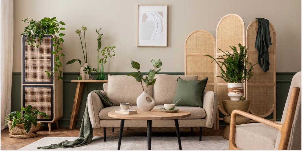 Ett ljust vardagsrum med gröna växter och gröna detaljer i inredningen.