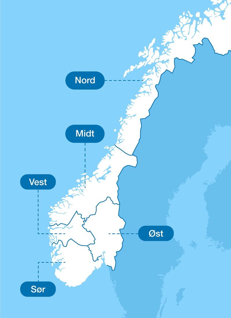 Her de 5 strømregionene har Norge