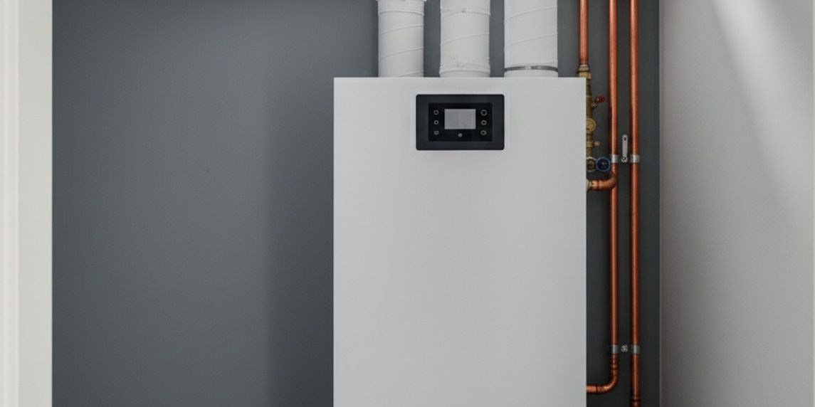 Frånluftsvärmepump installerad inomhus med anslutna ventilations- och värmerör.