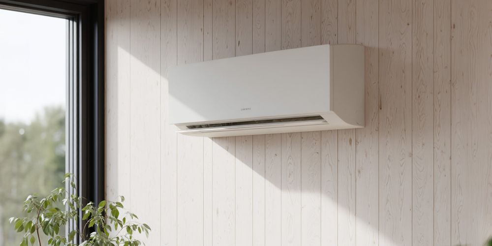 En modern luftvärmepump installerad på en trävägg i en skandinaviskdoftande miljö med solsken som faller in i en diagonal över den björkvfaner-beklädda väggen