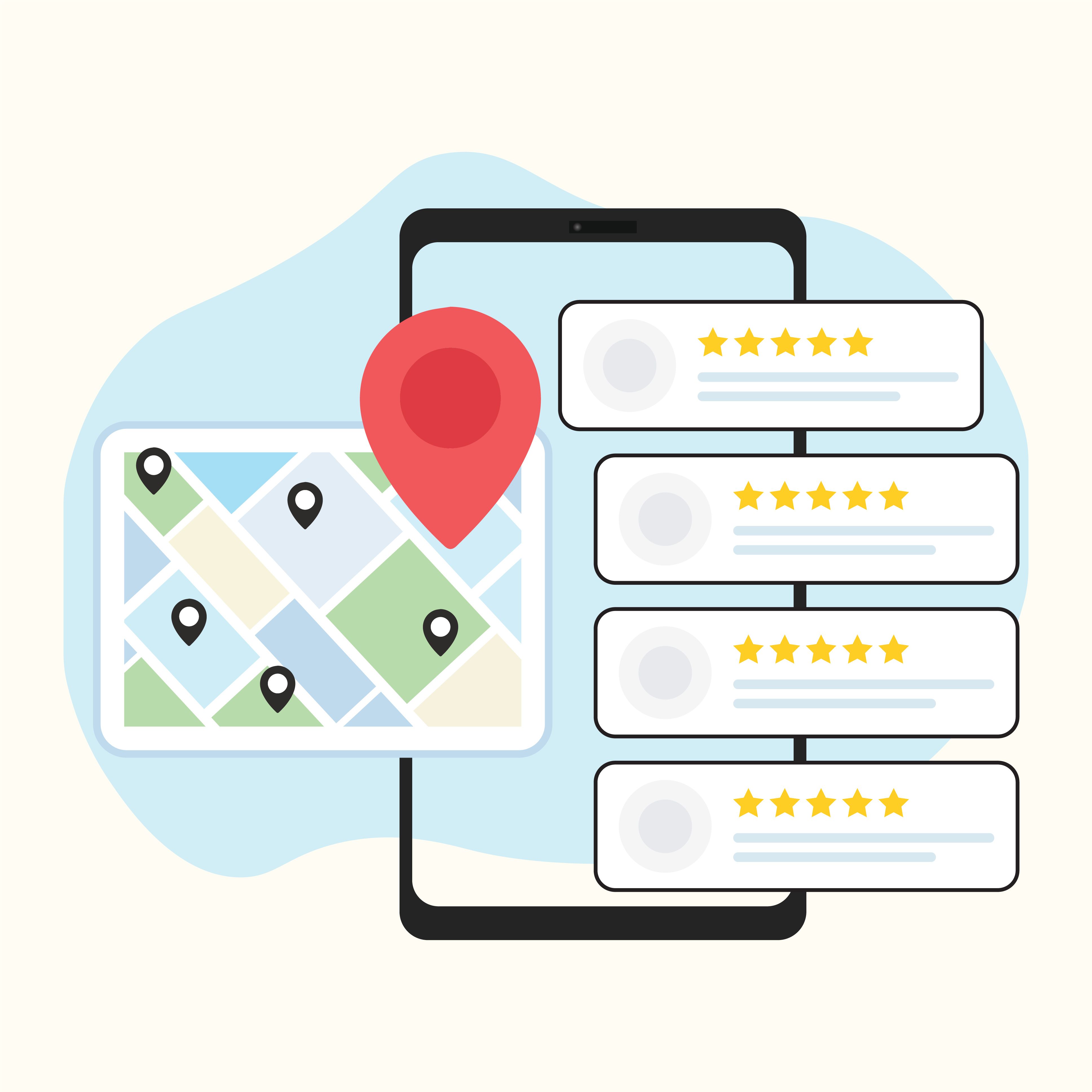 Grafik: Smartphone mit Kartenansicht und Kundenbewertungen – Symbol für lokale Google-Sichtbarkeit
