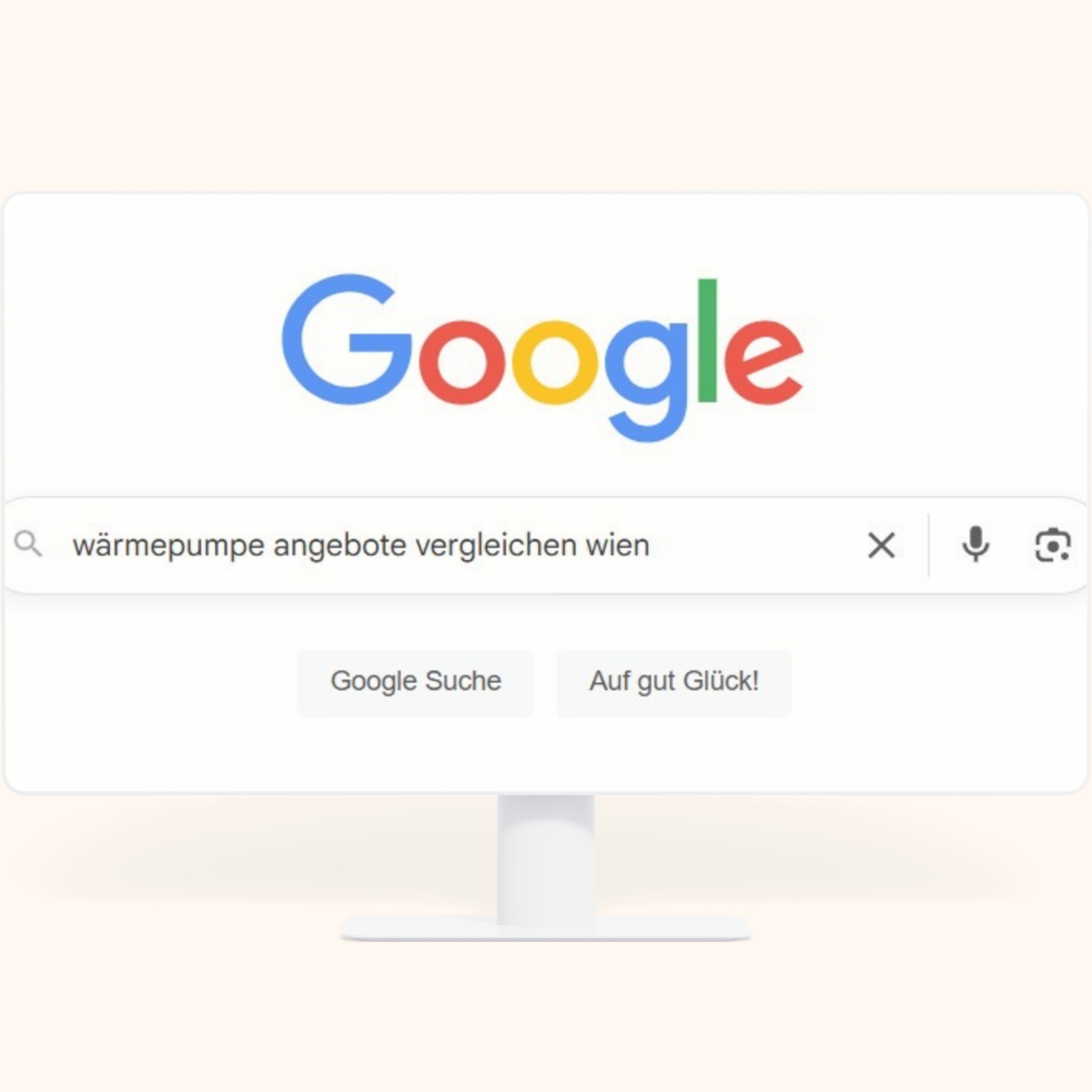 Illustration eines Google-Suchfelds mit der Eingabe 'wärmepumpe angebote vergleichen wien' und passenden Suchvorschlägen – Symbol für die Sichtbarkeit von Anbietern in der Online-Suche